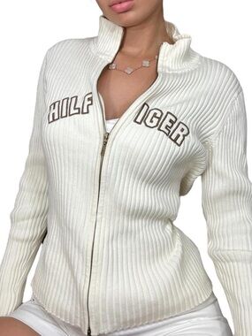 Tommy Hilfiger Cream Ribbed Zip-Up V-Neck Sweater
